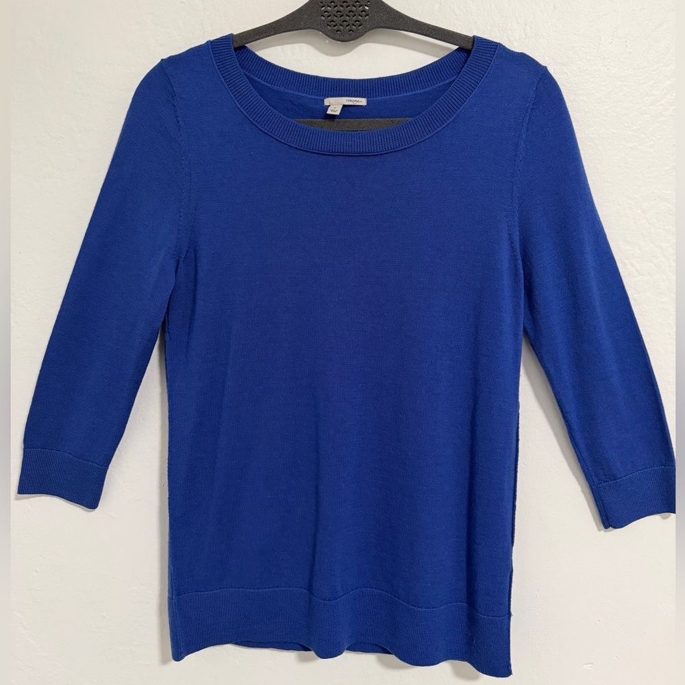 Halogen Merino Wool Sweater Blue 3/4 Sleeve Crew Neck Size M Cobalt blue